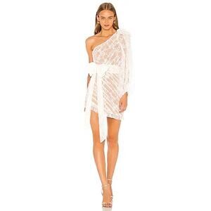 For Love & Lemons Dynasty One Shoulder Lace Mini Dress Bow Detail White M NWT